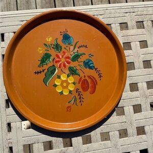 Vintage 1965 Hand-Painted Terracotta Serving Tray with Floral Design - Orange